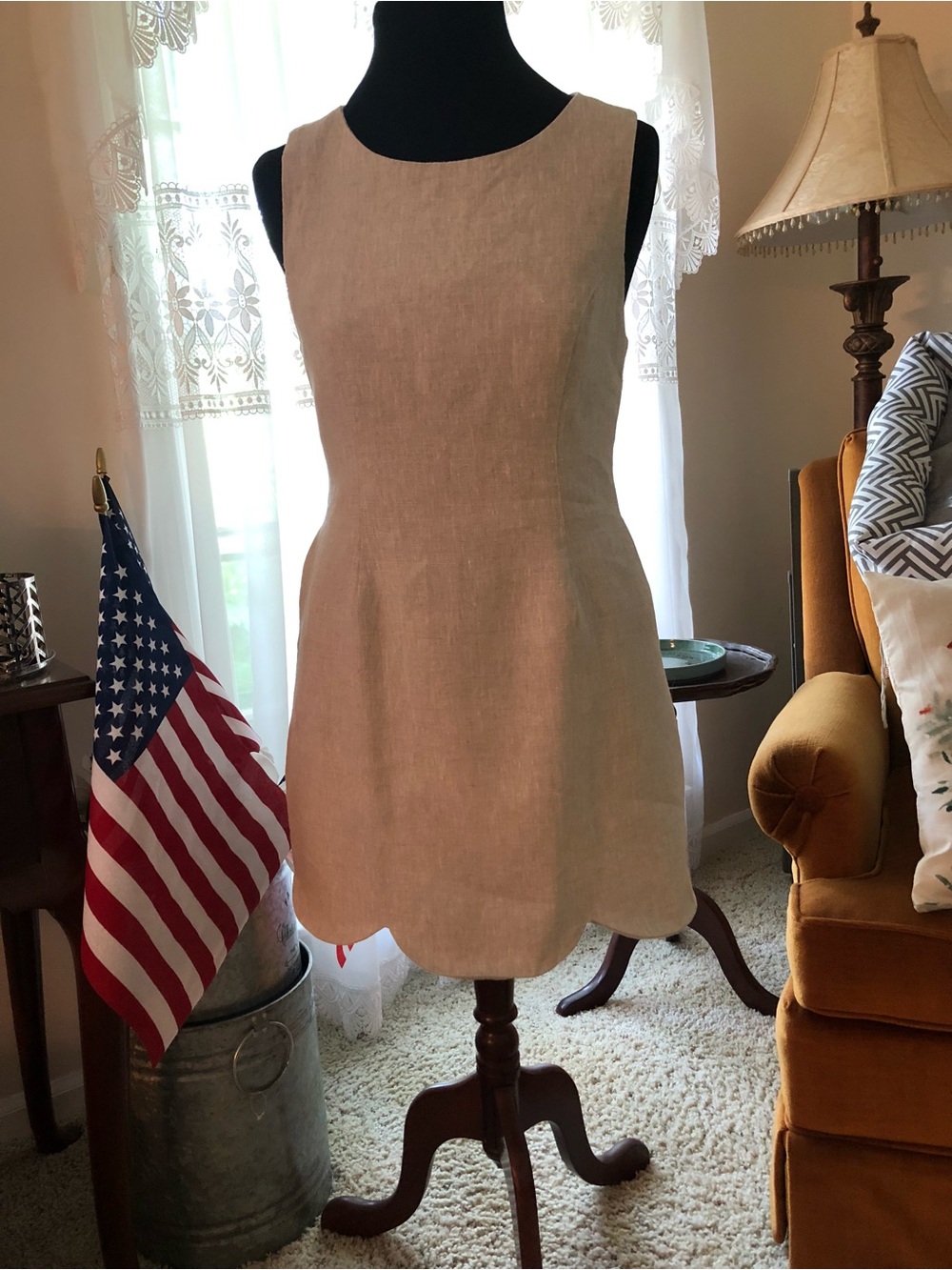 100% Linen Scalloped Hem Mini Shift Dress Oatmeal Sleeveless LWD